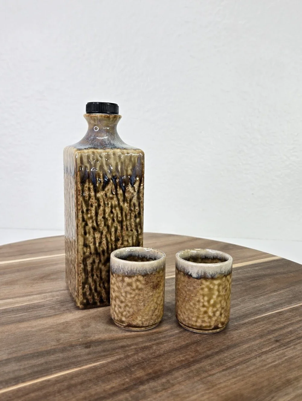 Vintage Japanese Stoneware Sake Drink Set Pottery Brown Lava Drip Glaze Set